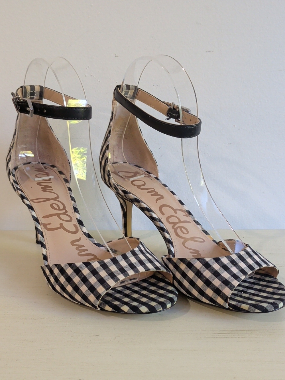 Sam Edelman Black & White Gingham Ankle-Strap Peep Toe Heels Size 6.5